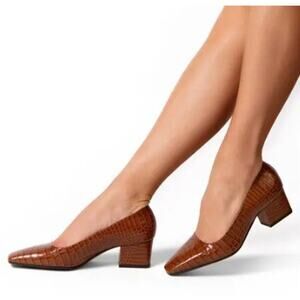 MARION PARKE Pierson Pump 36 US 6 Tan Croc Print Leather Low Block Heel NWOB